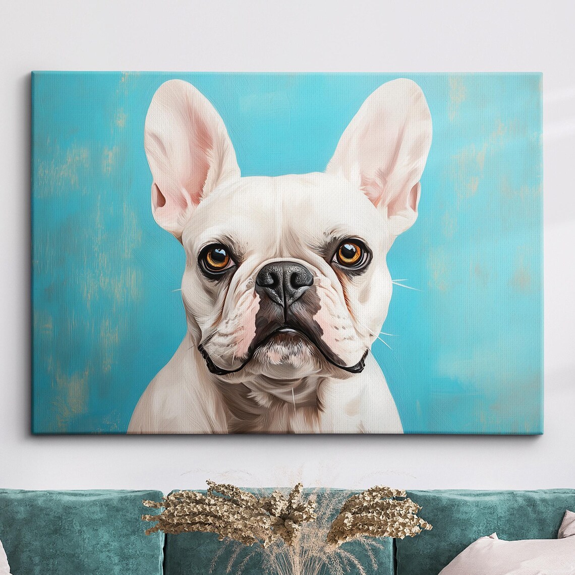 White French Bulldog Portrait on Turquoise Background Art Poster