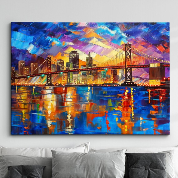 San Francisco Bay Bridge Sunset Colorful Palette Knife City Painting Poster