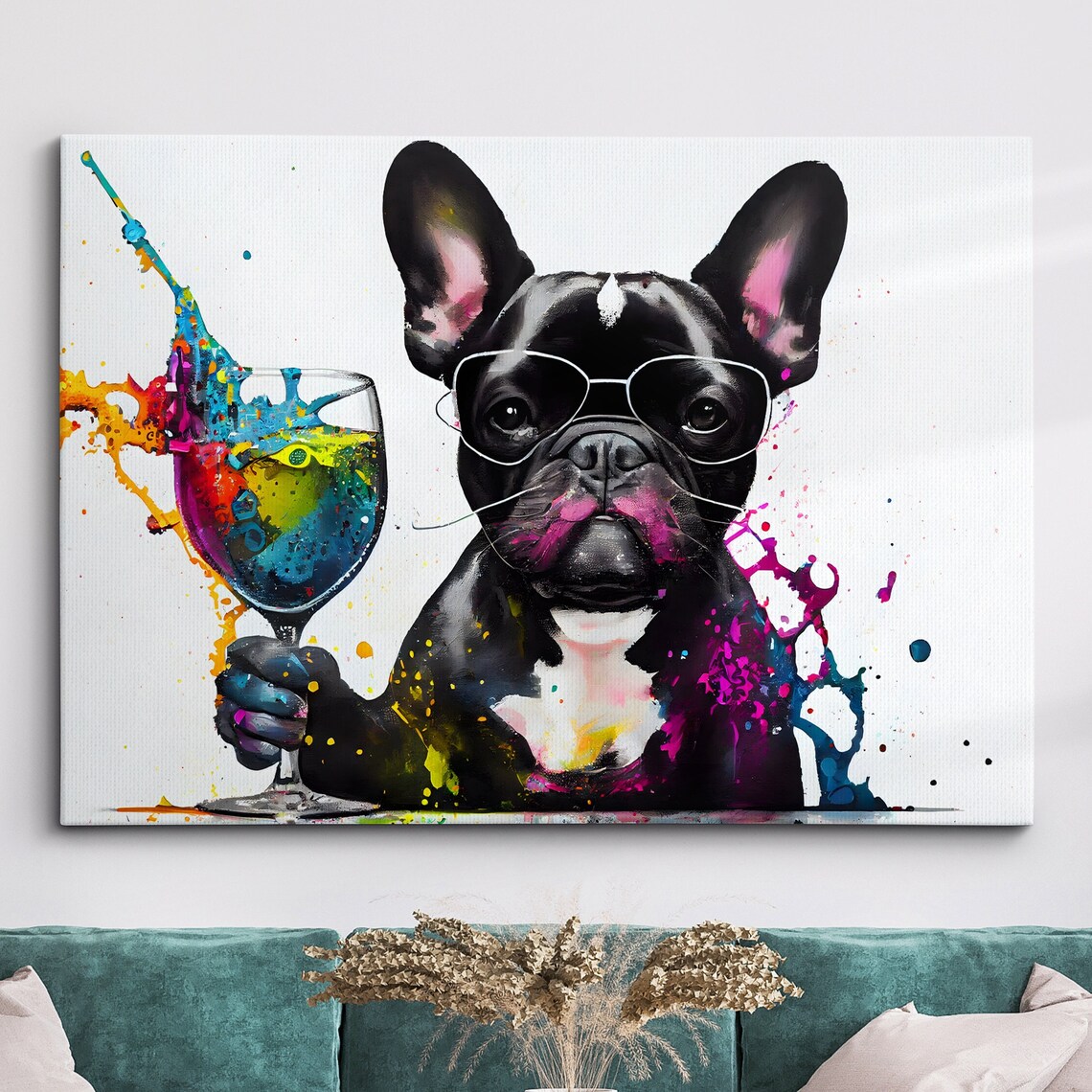 French Bulldog Toasting Wine Glass Funny Dog Painting Poster