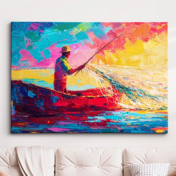Abstract Man Fishing Painting Splatter Colorful Swimming Wall Art Framed Canvas Poster Print Homeoffice Room Decor Gifts