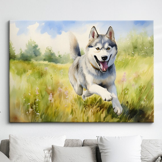 Siberian Husky Dog Pet Abstract Modern Watercolor Painting Wall Art Framed Canvas Poster Print Home Kitchen Living Room Decor Gifts