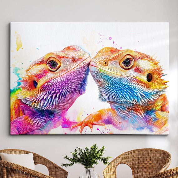 Two Bearded Dragons Rainbow Watercolor Reptile Pets Wall Art