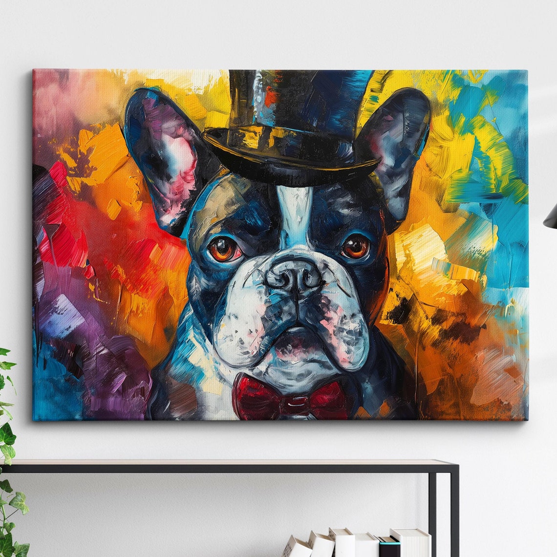 French Bulldog Top Hat Front View Red Bow Tie Bold Color Poster