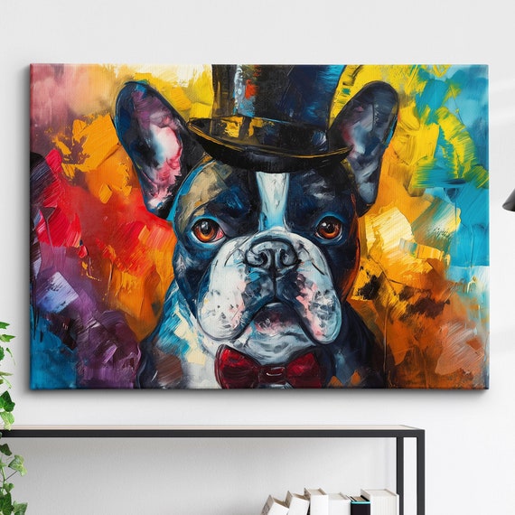 French Bulldog In A Top Hat Animal Abstract Oil Painting Splatter Style Wall Art Framed Canvas Poster Print Home Kitchen Office Room Decor