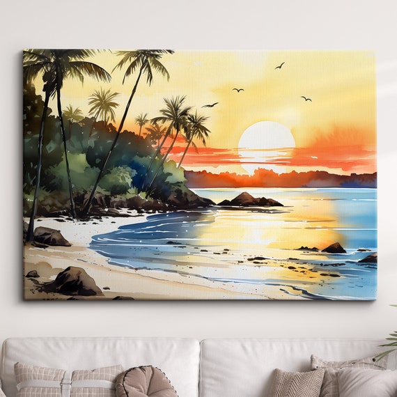 Sunset Beach Palm Trees Landscape Abstract Watercolor Painting Style Wall Art Framed Canvas Poster Print Home Kitchen Living Room Decor Gift