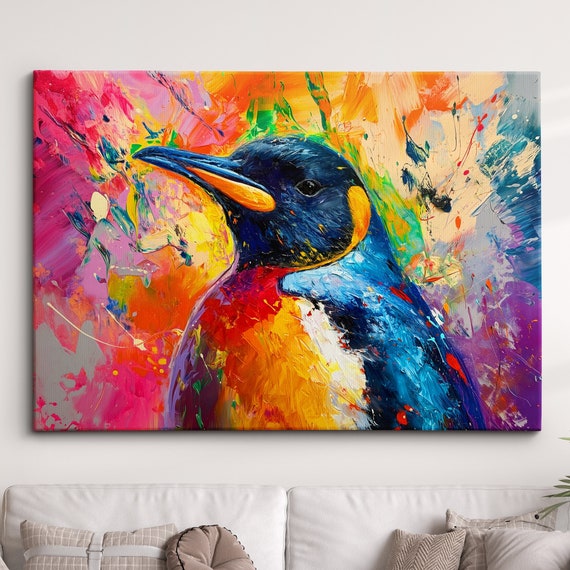 Penguin Animal Abstract Oil Painting Colourful Paint Splatter Style Wall Art Framed Canvas Poster Print Homeoffice Room Decor Gifts