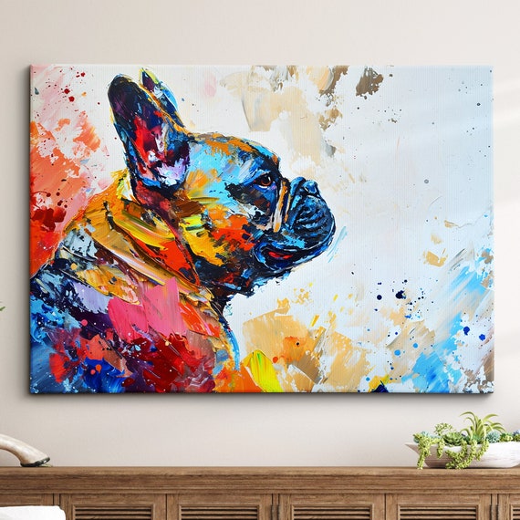 Colorful French Bulldog Abstract Modern Oil Painting Wall Art Framed Canvas Poster Print Home Kitchen Office Room Decor Dog Gift Ideas