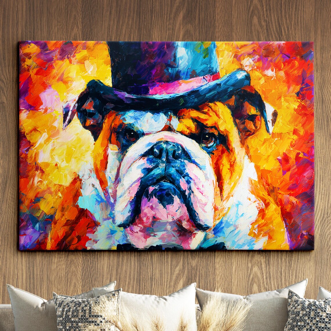 Bulldog In A Top Hat Warm Sunset Tones Abstract Oil Painting Poster