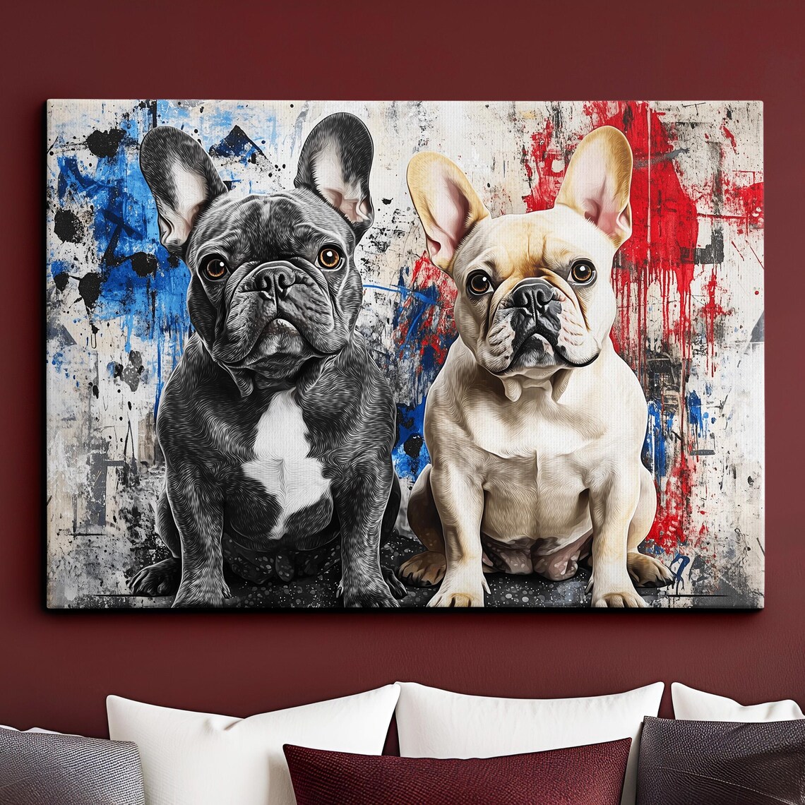 Two French Bulldogs Graffiti Splash Street Canvas Pair Art Poster