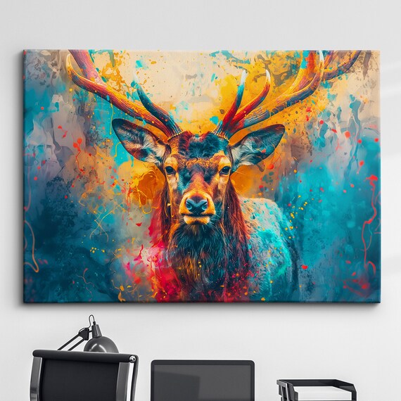 Colorful Deer Wild Animal Abstract Oil Painting Paint Splatter Wall Art Framed Canvas Poster Print Home Living Room Decor Fun Gift