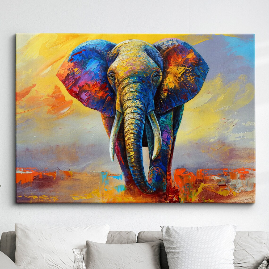Elephant Sunset Savanna Colorful Abstract Wildlife Art Poster