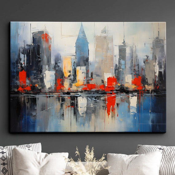 New York City Skyline Abstract Oil Painting Water Reflection Poster