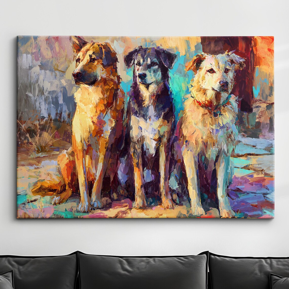 Three Happy Dogs Colorful Meadow Abstract Oil Style Art Poster