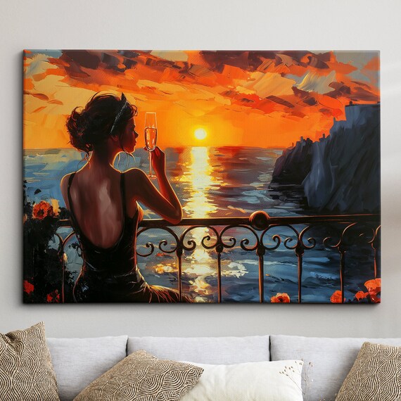 Woman On A Balcony Drinking Abstract Oil Painting Wall Art Framed Canvas Poster Print Home Kitchen Office Living Bedroom Decor Gifts