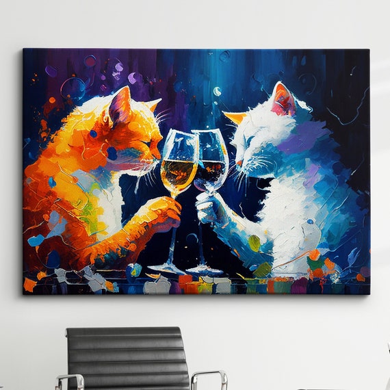 Colorful Cats Drinking Party Pet Abstract Modern Oil Painting Wall Art Framed Canvas Poster Print Home Kitchen Office Room Decor Gifts