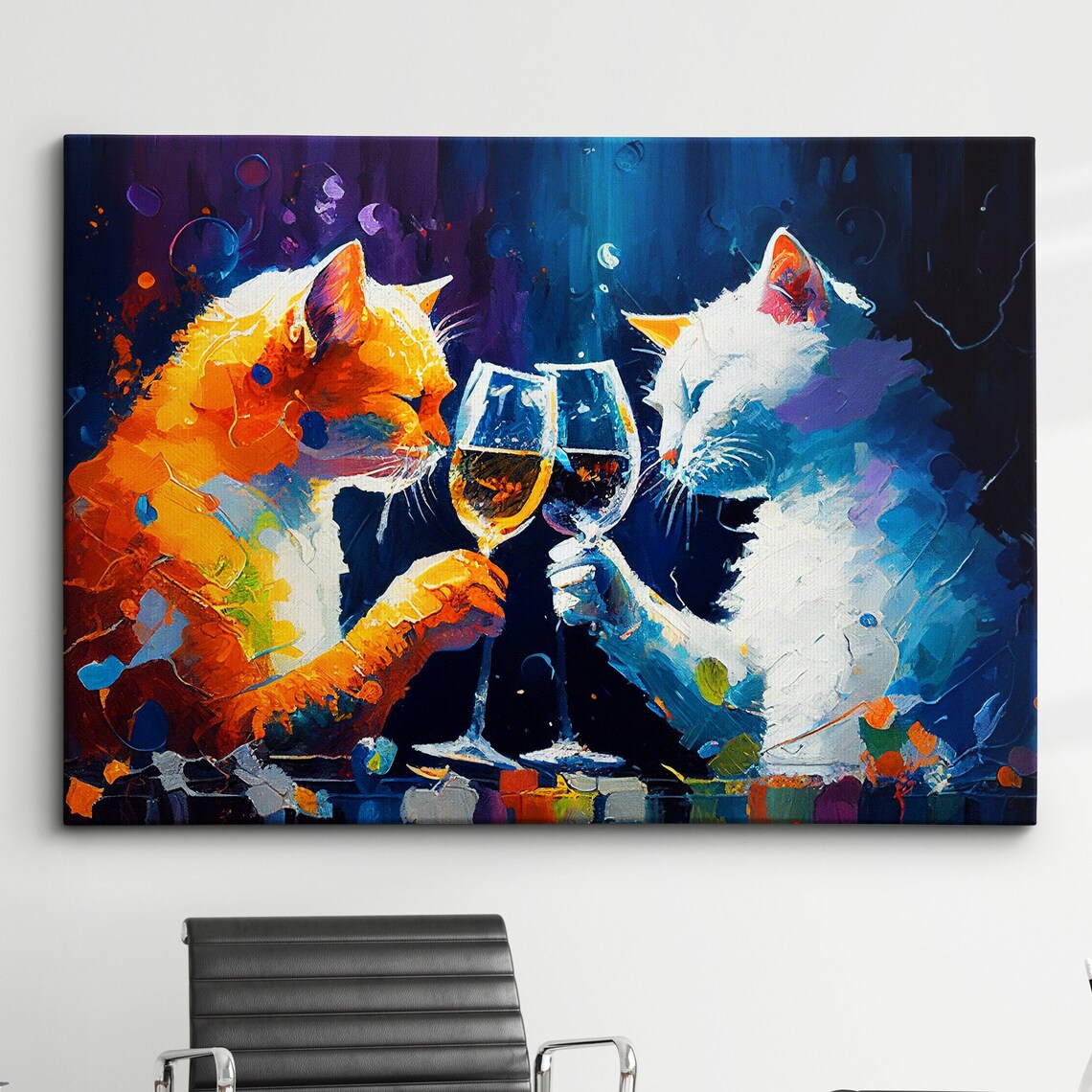 Cats Toasting Wine Glasses Colorful Party Painting Funny Cat Poster