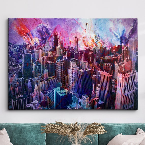 City Color Burst Splatter Landscape Abstract Painting Wall Art Framed Canvas Poster Print Home Kitchen Office Living Bedroom Decor Gift