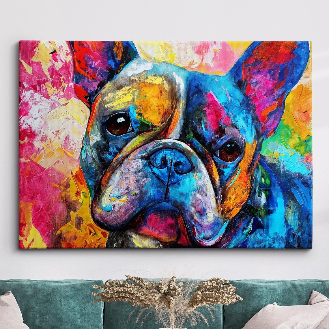 Colorful French Bulldog Dog Pet Abstract Modern Oil Painting Wall Art Framed Canvas Poster Print Home Kitchen Office Room Decor Gifts