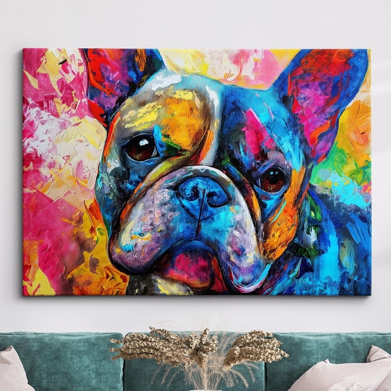 Colorful French Bulldog Dog Pet Abstract Modern Oil Painting Wall Art Framed Canvas Poster Print Home Kitchen Office Room Decor Gifts