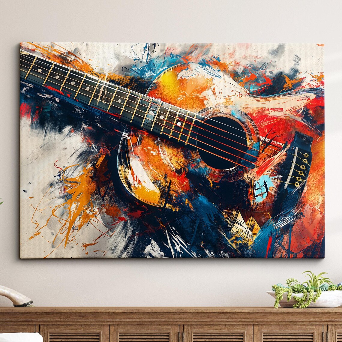 Colorful Guitar Abstract Oil Painting, Music Art Print