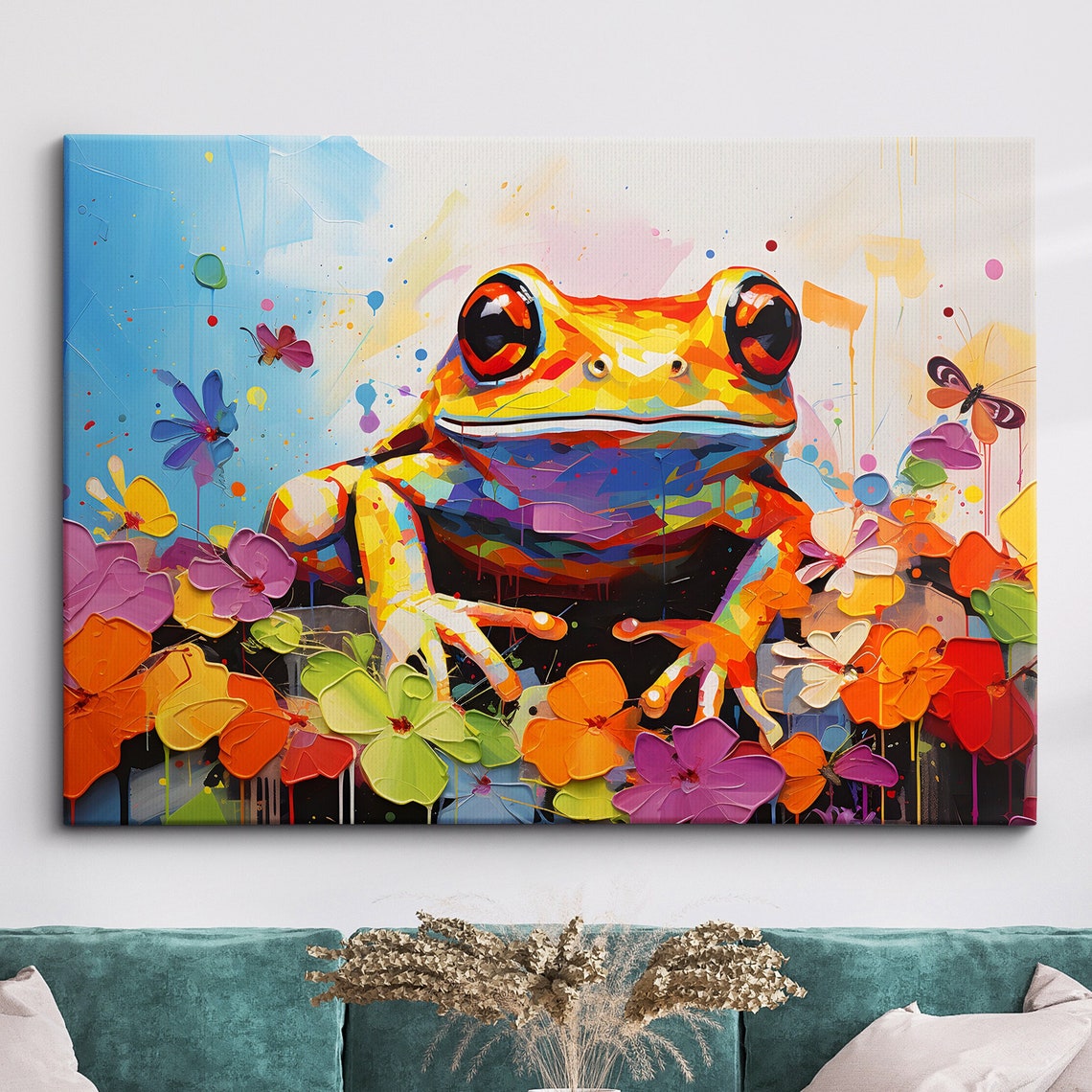 Fun Unique Frog Abstract Modern Oil Painting Wall Art Animal Framed Canvas Poster Print Home Kitchen Office Room Decor Pet