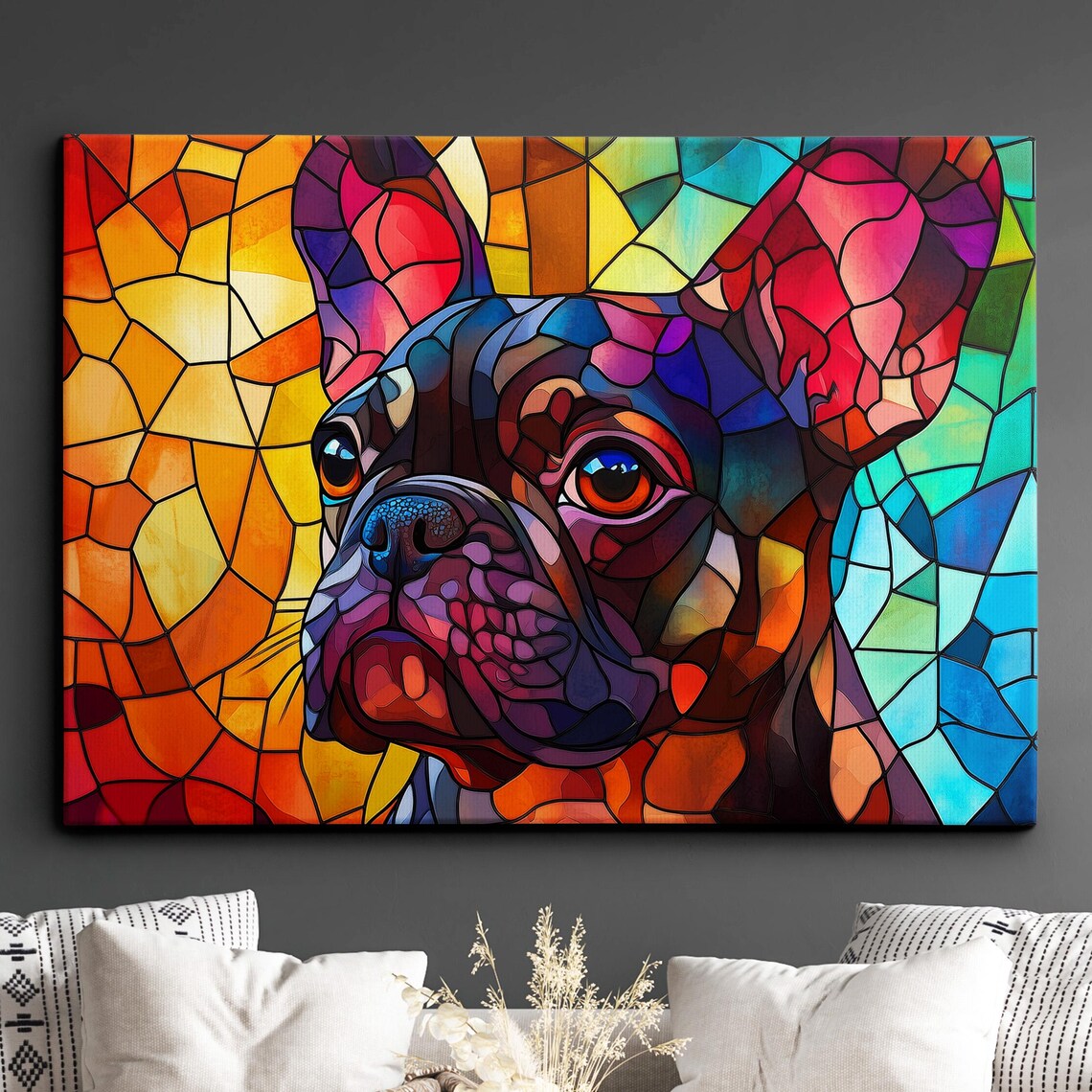 Vivid French Bulldog Rainbow Stained Glass Portrait Mosaic Poster