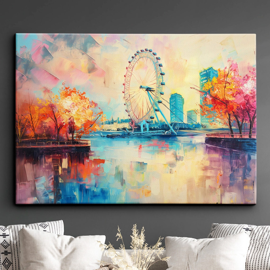 London Big Ben River Red Bus Europe Landmark Oil Painting Watercolor Wall Art Framed Canvas Poster Print Homeoffice Room Decor Gifts