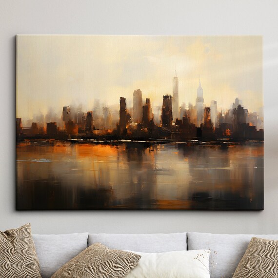 Golden Abstract City Skyline Sunset Oil Painting Decor Poster