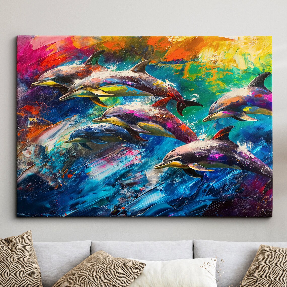 Colorful Dolphins Swimming Abstract Ocean Oil Painting Poster