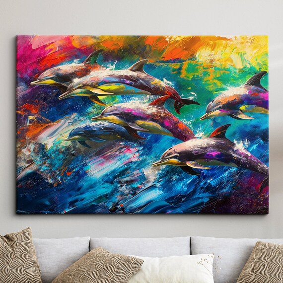 Dolphin Animal Sea Ocean Life Abstract Modern Painting Wall Art Framed Canvas Poster Print Home Kitchen Office Room Decor Kids Gifts