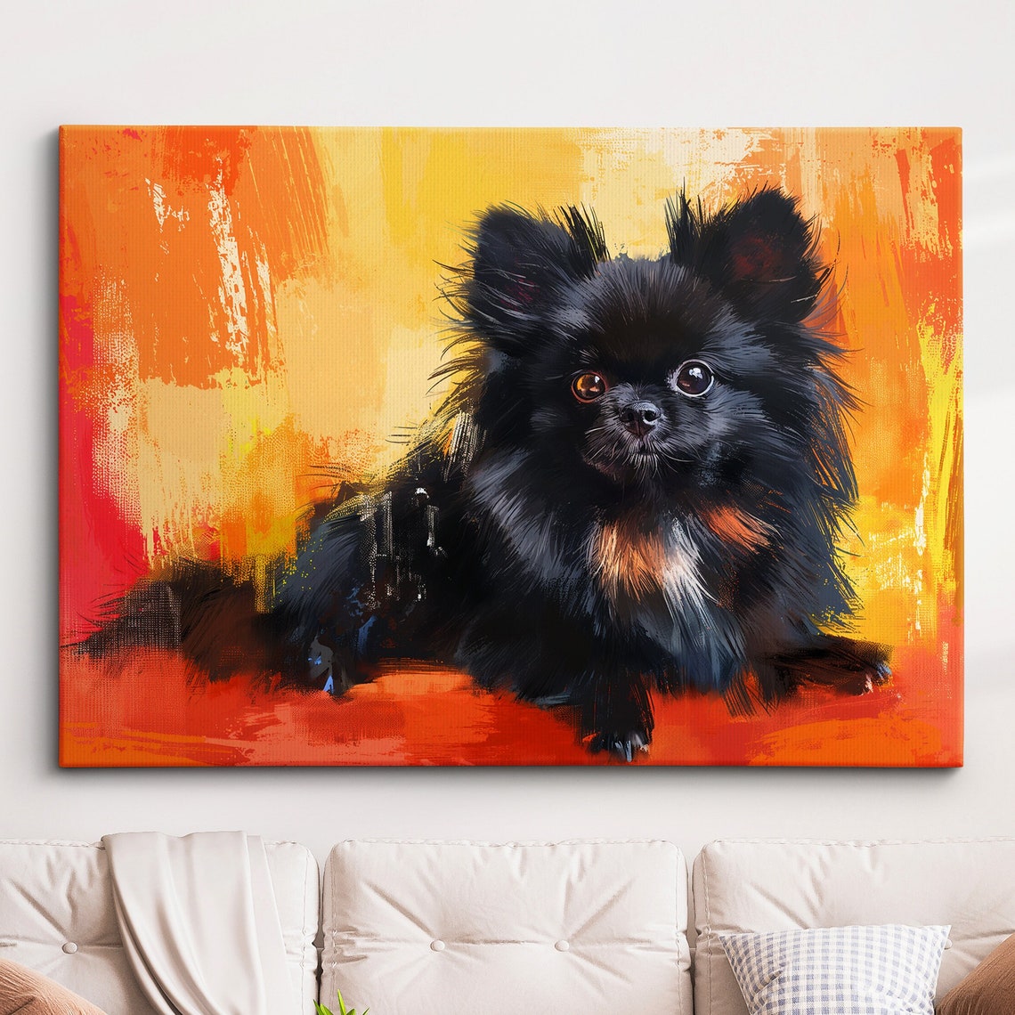 Black Pomeranian Puppy Lying Down on Red Orange Abstract Art Poster