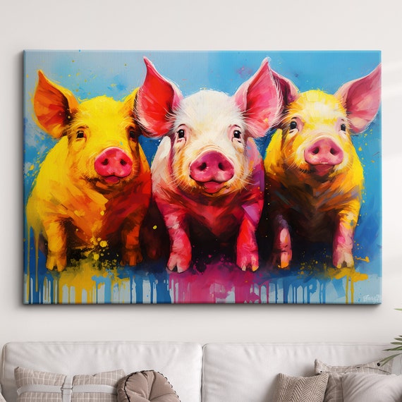 Colorful Pigs Wild Animal Abstract Oil Painting Paint Splatter Style Wall Art Framed Canvas Poster Print Home Living Room Decor Fun Pig Gift
