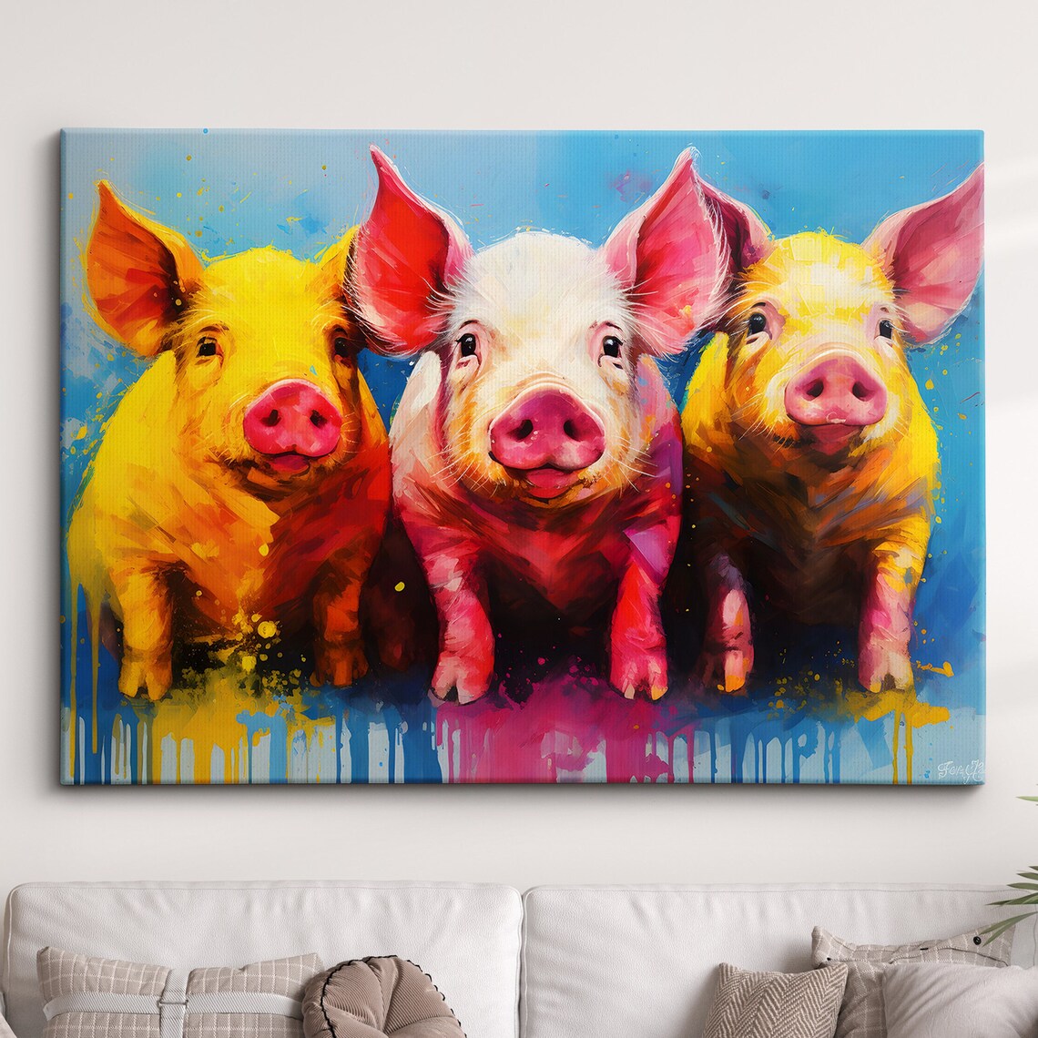 Three Colorful Piglets Pop Art Funny Farm Animal Canvas Style Poster