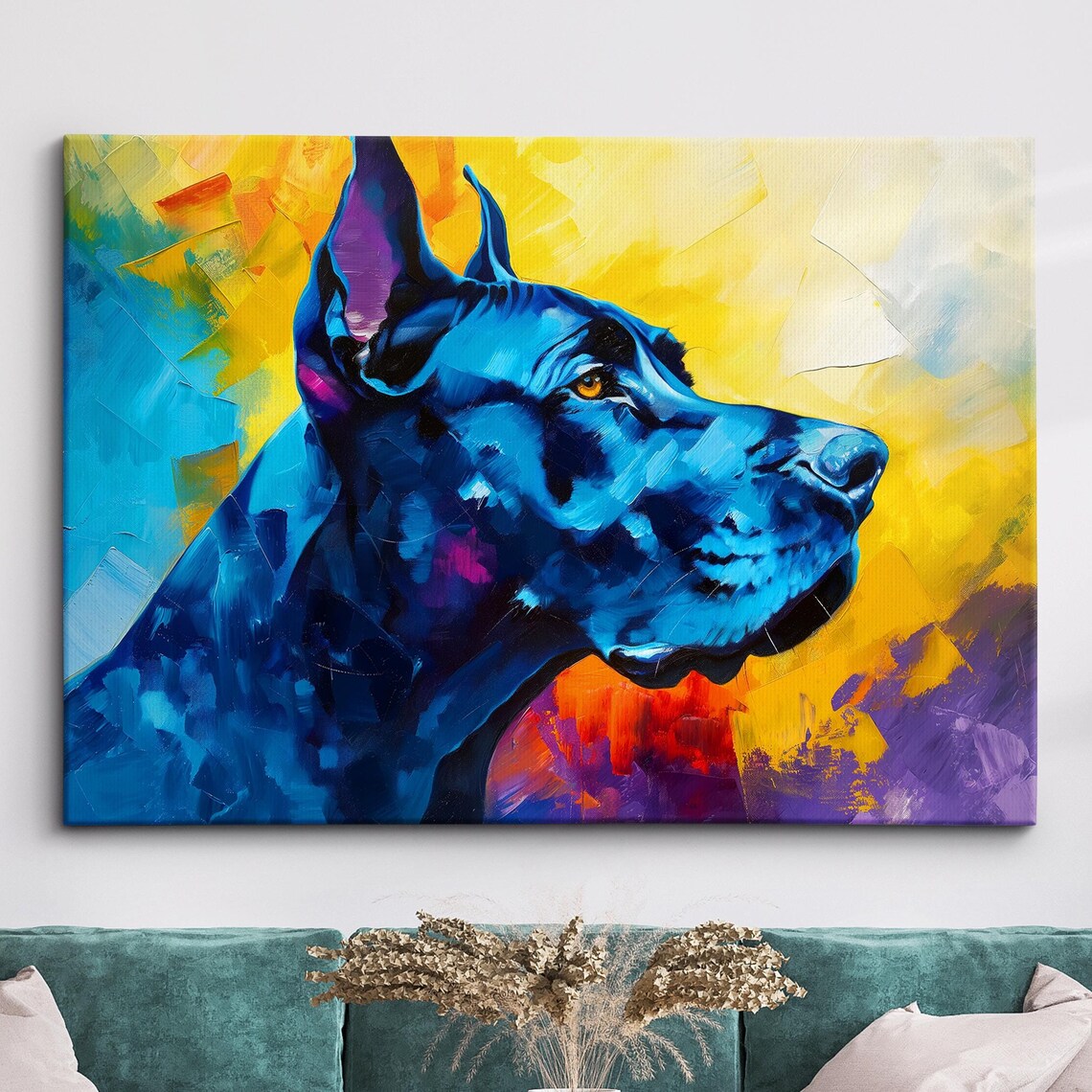 Blue Great Dane Abstract Oil Painting Colorful Dog Portrait Poster