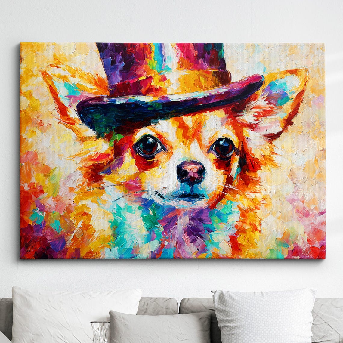 Big Eared Chihuahua Multicolor Top Hat Vibrant Oil Painting Poster