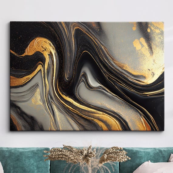 Modern Abstract Black Gold Minimalist Marble Oil Painting Wall Art Framed Canvas Poster Print Home Living Room Decor Gift Ideas