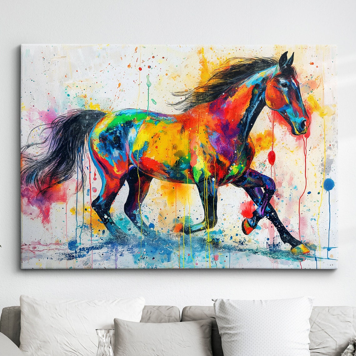 Galloping Horse Colorful Abstract Splash Oil Painting Poster