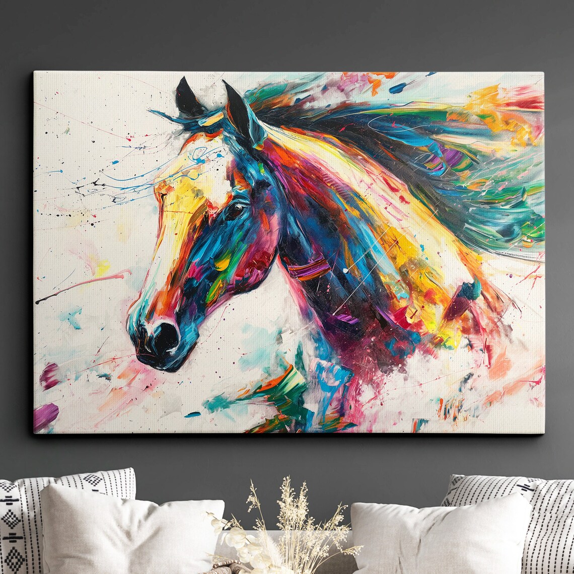 Colorful Horse Head Abstract Paint Splatter Oil Style Art Poster