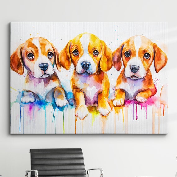 Beagle Puppies Abstract Dog Pet Animal Painting Splatter Wall Art Framed Canvas Poster Print Home Kitchen Office Room Decor Family Gifts