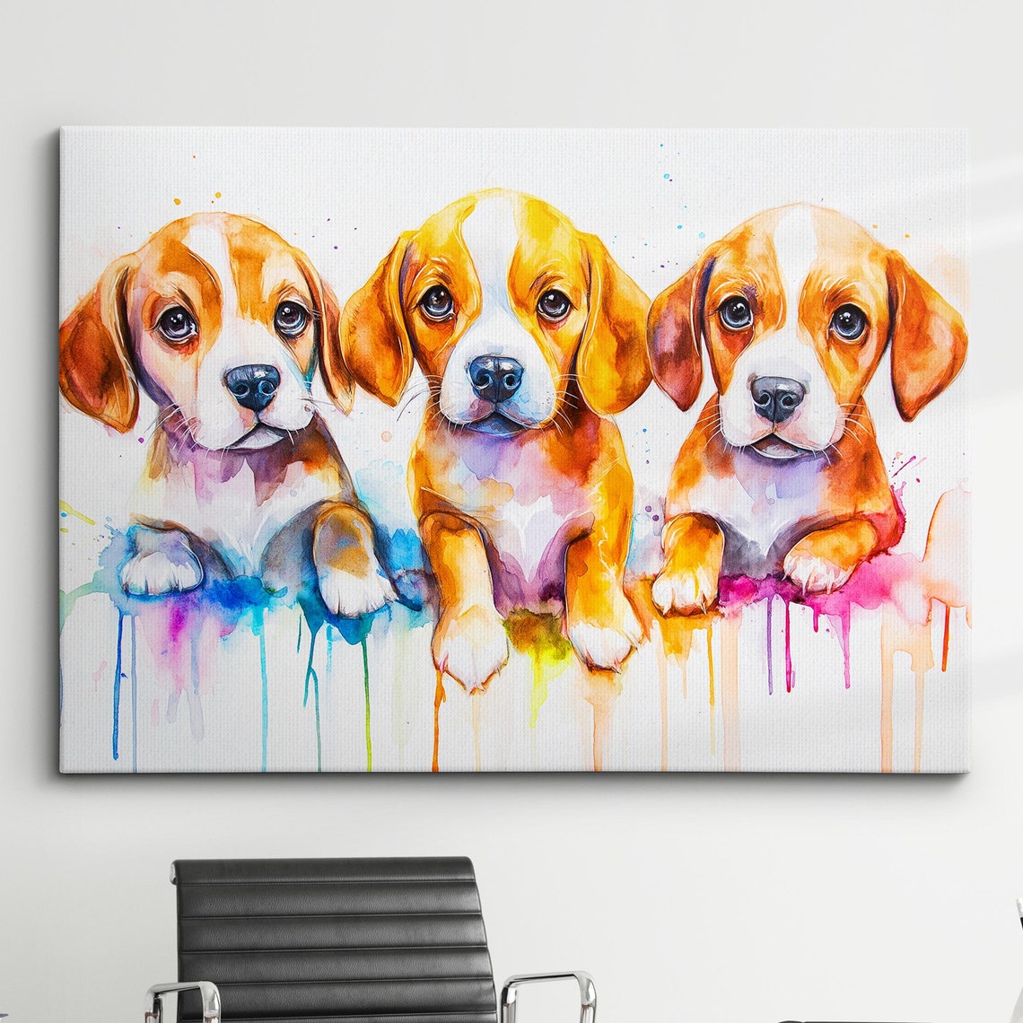 Three Cute Beagle Puppies Watercolor With Colorful Paint Drips Poster
