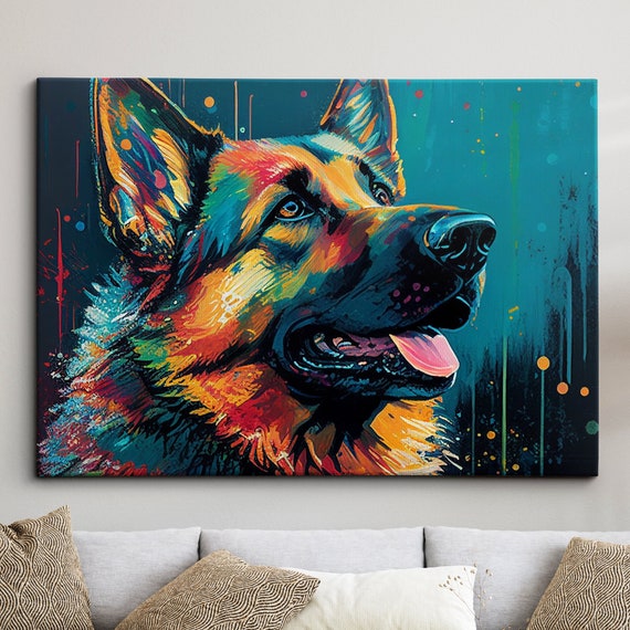 German Shepherd Abstract Dog Pet Animal Painting Splatter Wall Art Framed Canvas Poster Print Home Kitchen Office Room Decor Gifts