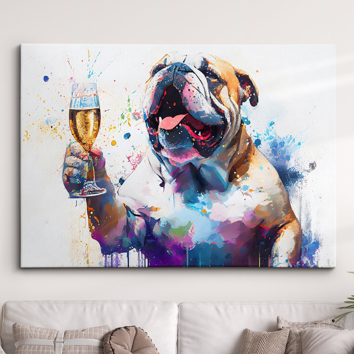 Happy Bulldog Toasting Champagne Glass Colorful Splash Dog Art Poster