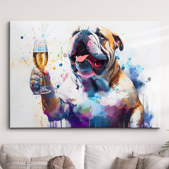 Bulldog Toasting Drink Dog Pet Abstract Modern Painting Wall Art Framed Canvas Poster Print Home Kitchen Office Room Decor Gifts
