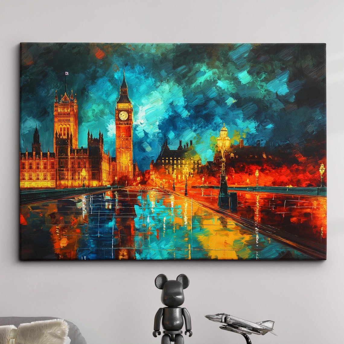 London Big Ben Night Storm Westminster Dramatic Oil Painting Poster
