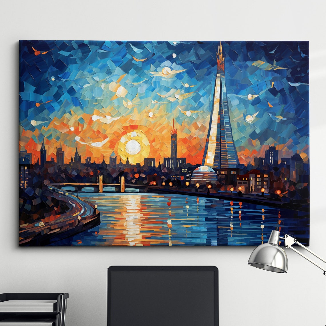 London Shard Sunset Mosaic Style Thames River Skyline City Poster
