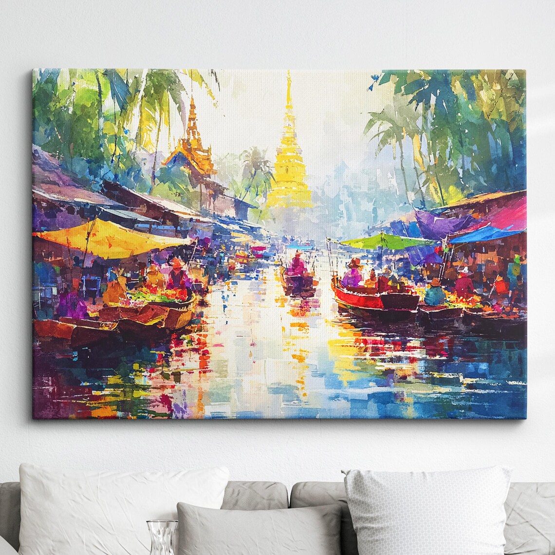 Thailand Floating Market Boats Golden Temple Watercolor Art Poster