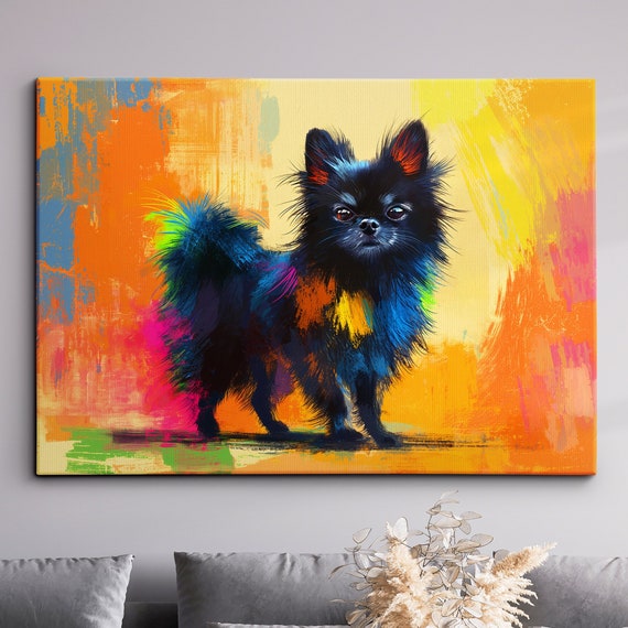 Black Colorful Pomeranian Dog Pet Abstract Modern Oil Painting Wall Art Framed Canvas Poster Print Home Kitchen Office Room Decor Gifts