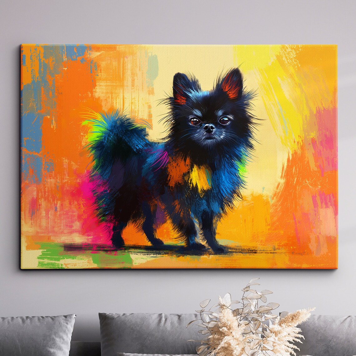 Black Pomeranian Puppy on Bright Orange Canvas Abstract Dog Poster