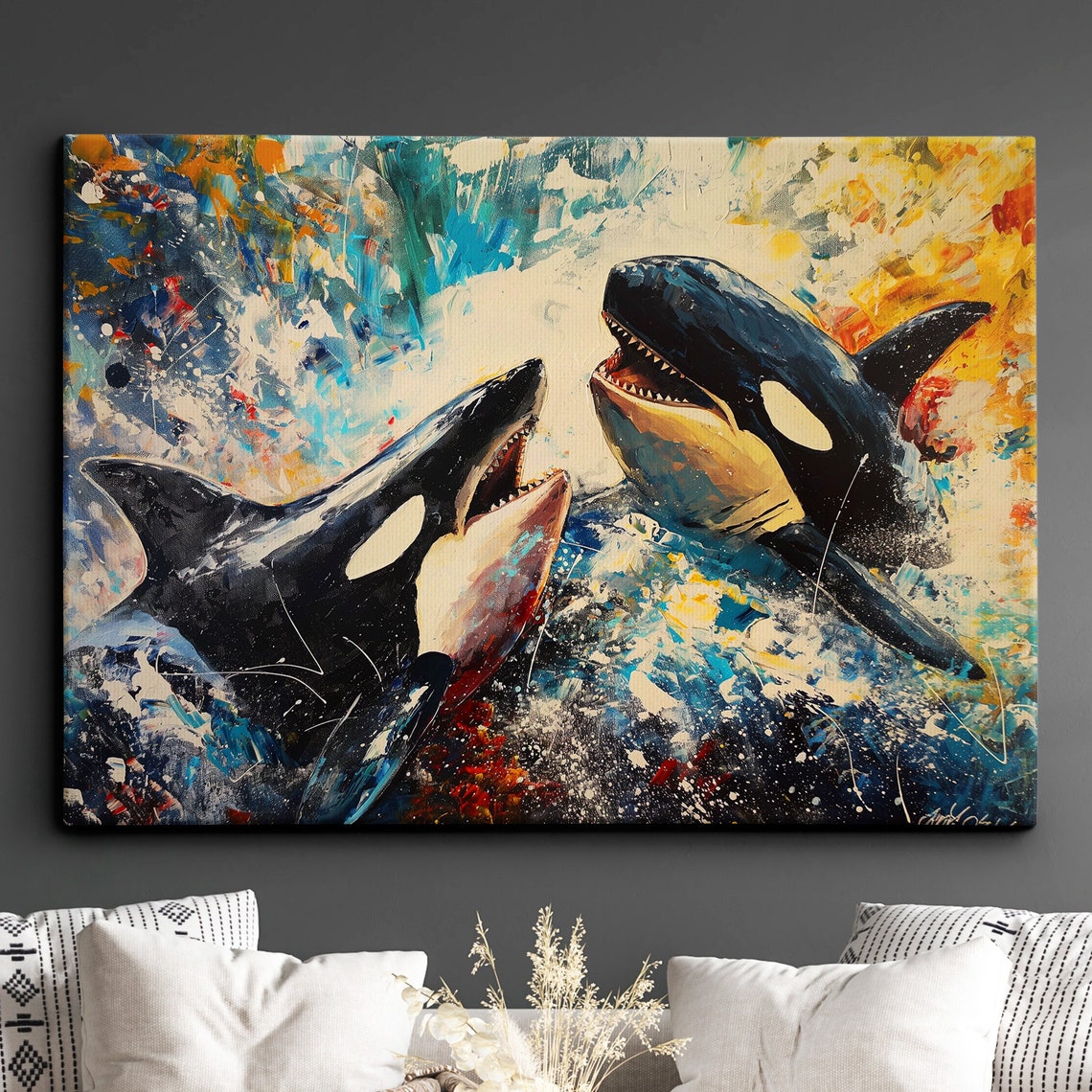 Two Orcas Splashing Ocean Waves Vivid Paint Splatter Art Poster