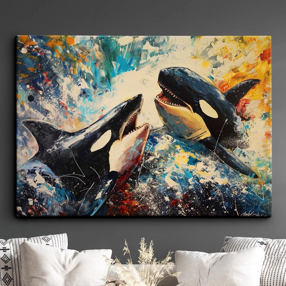Vs Orca Sea Animal Abstract Oil Painting Colourful Paint Splatter Style Wall Art Framed Canvas Poster Print Homeoffice Room Decor